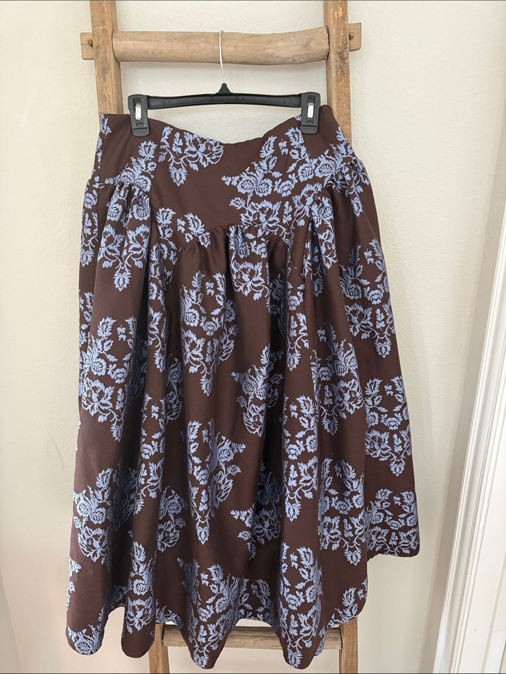 Anthropologie Brown Midi Skirt with Light Blue Floral brocade type embroidery
